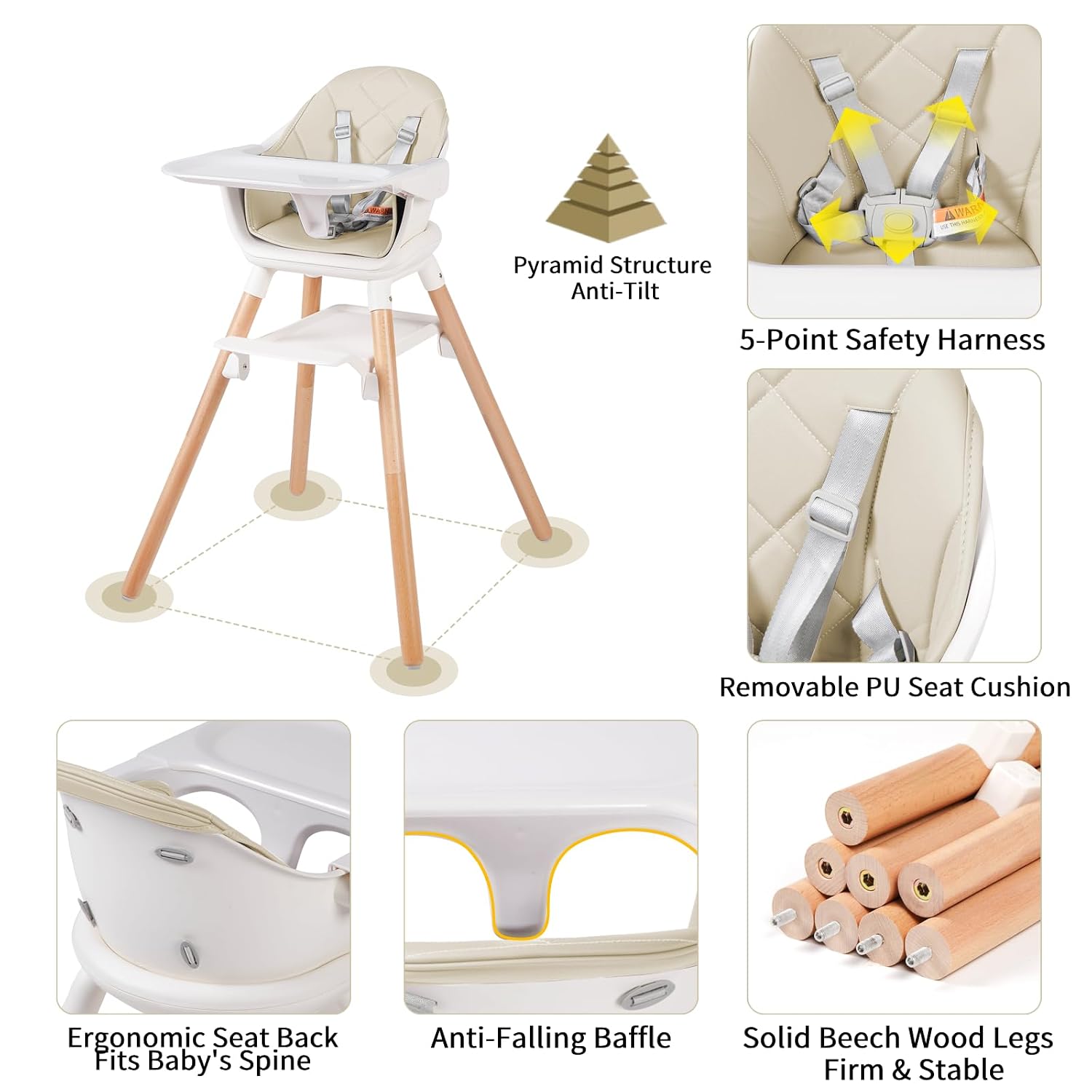 6 in 1 Baby High Chair, Convertible Wooden High Chairs/Booster Seat for Babies and Toddlers, Baby Feeding Chair with 5-Point Harness/Double Removable Tray & Adjustable Footrest (Beige)
