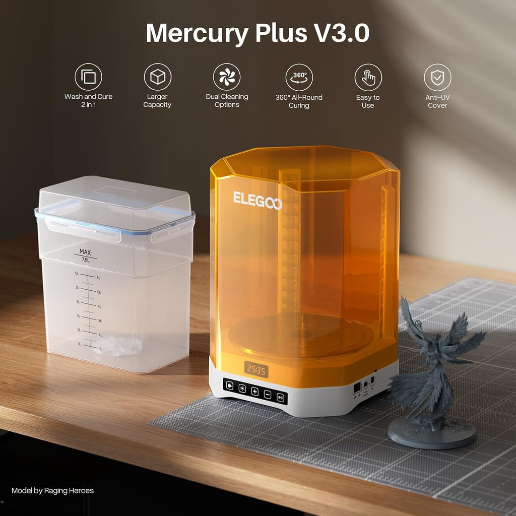 ELEGOO Mercury Plus V3.0 Wash and Cure Station, 7.5 L Large Capacity, Compatible with Mars Saturn Photon Halot MSLA LCD DLP 3D Printers, Washing Size of 9.05'×5.31'×10.24'