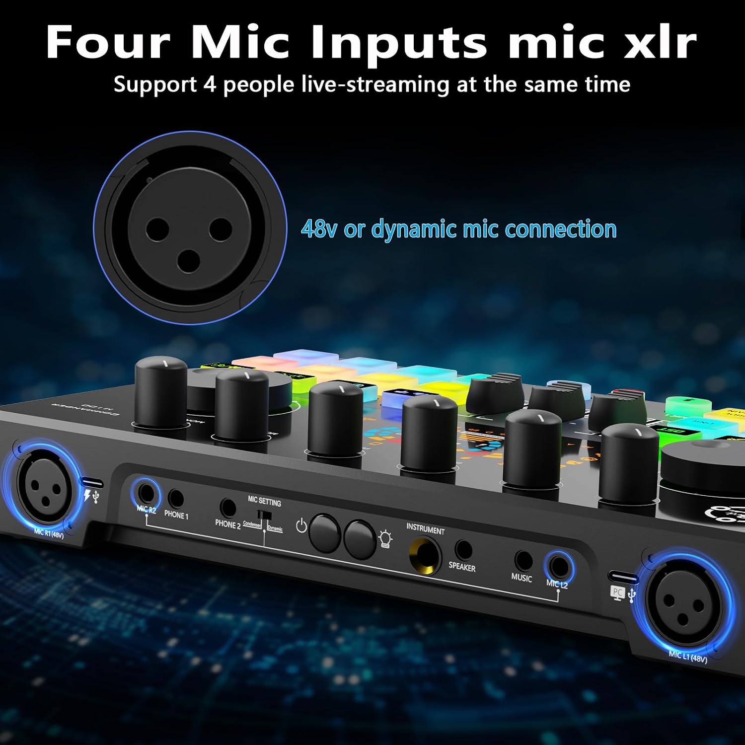 Podcast Equipment Bundle for 2, Audio Interface DJ Mixer with 48V XLR Condenser Microphone, RGB,Voice Change, for Streaming, Podcast Recording,Tiktok,PC, Smartphone COMMANDER M100 3rd