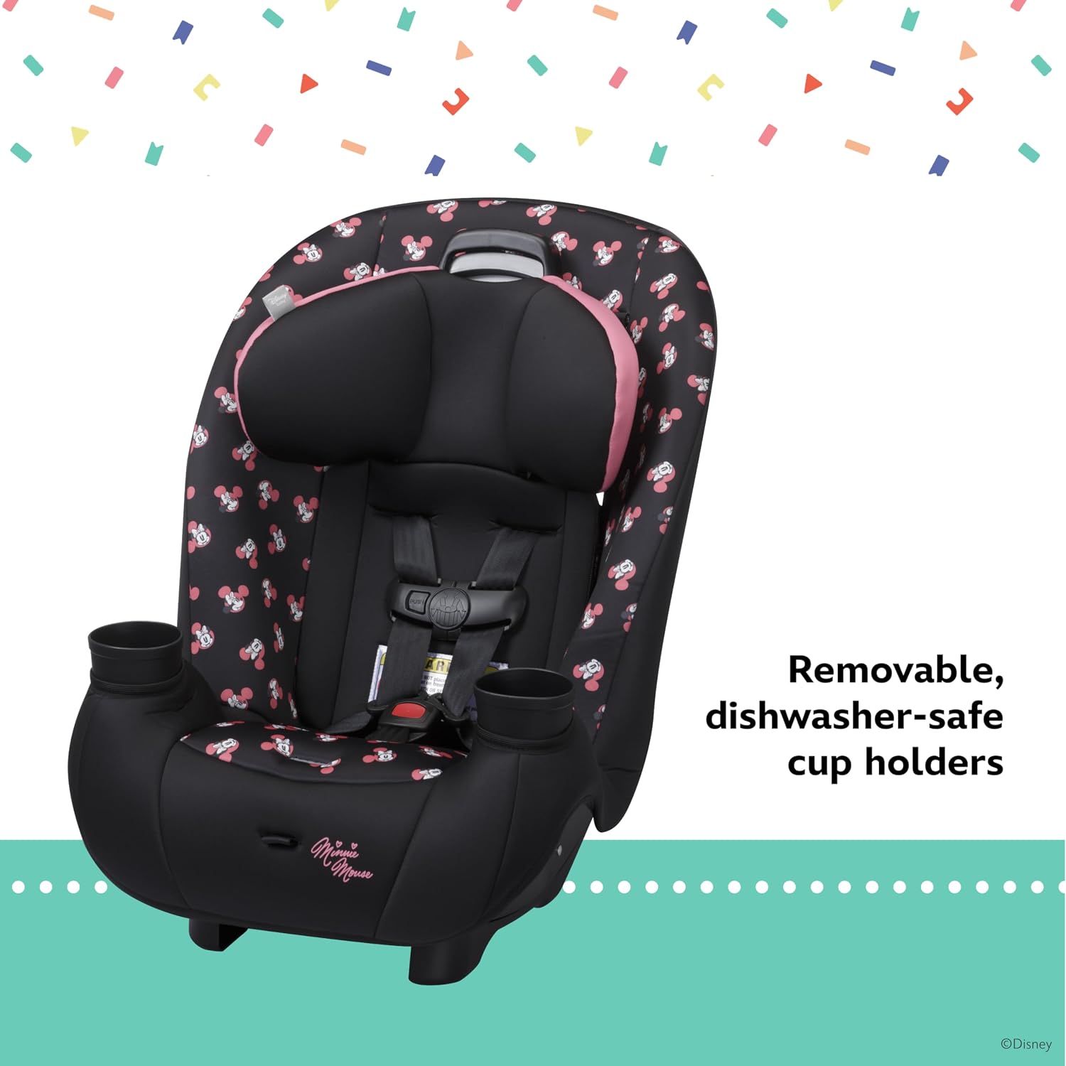 Disney Baby Ellaris 3-in-1 Convertible Car Seat, Slim Fit Design, Rear & Forward-Facing, 5-Position Headrest, 3-Across Fit, Travel-Friendly with Machine-Washable Seat Pad, Minnie Charm