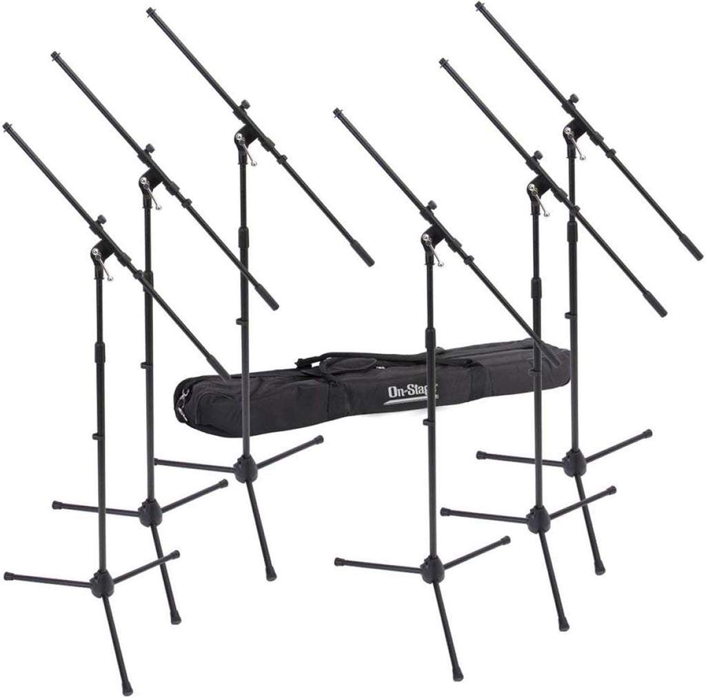 On-Stage MSP7706 Euro Boom 6 Mic Stands w/Travel Bag (For Vocal and Instrument Microphones, Height-Adjustable, Rugged, Lightweight, Steel, Standard Threading, Folding Tripod, Durable, Black)