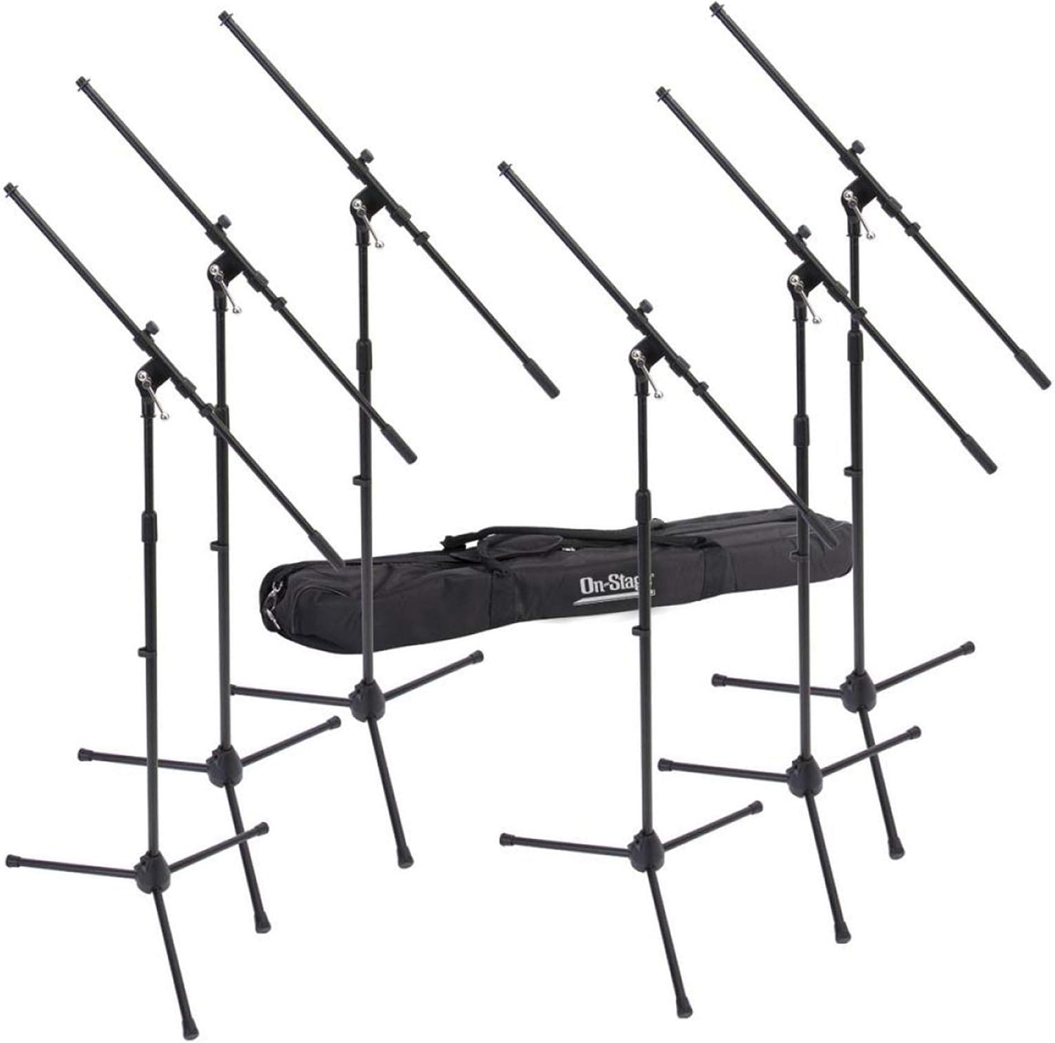 On-Stage MSP7706 Euro Boom 6 Mic Stands w/Travel Bag (For Vocal and Instrument Microphones, Height-Adjustable, Rugged, Lightweight, Steel, Standard Threading, Folding Tripod, Durable, Black)