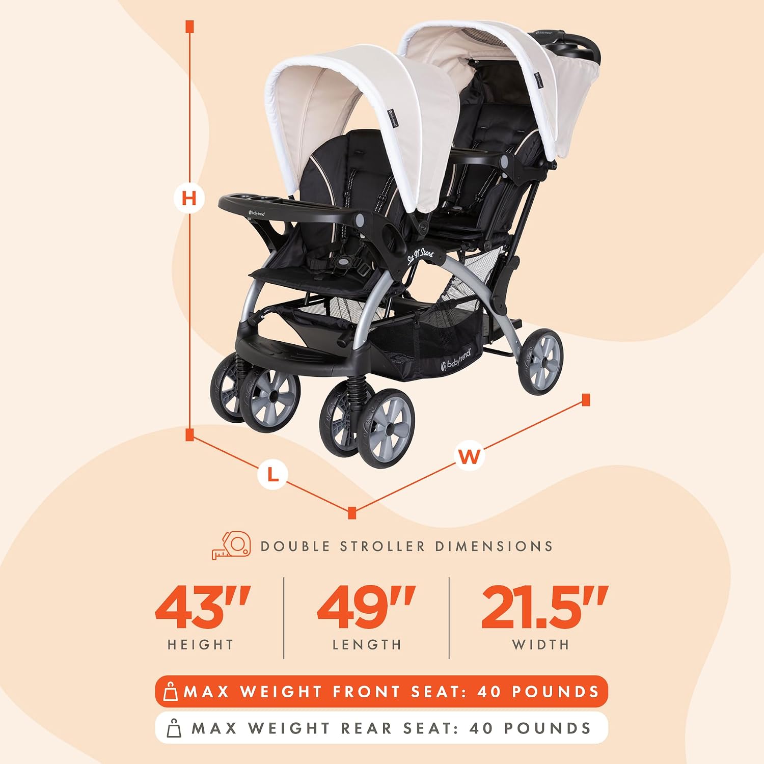 Baby Trend Double Infant and Toddler Stroller w/ Harness and Basket, Sit N' Stand, Khaki