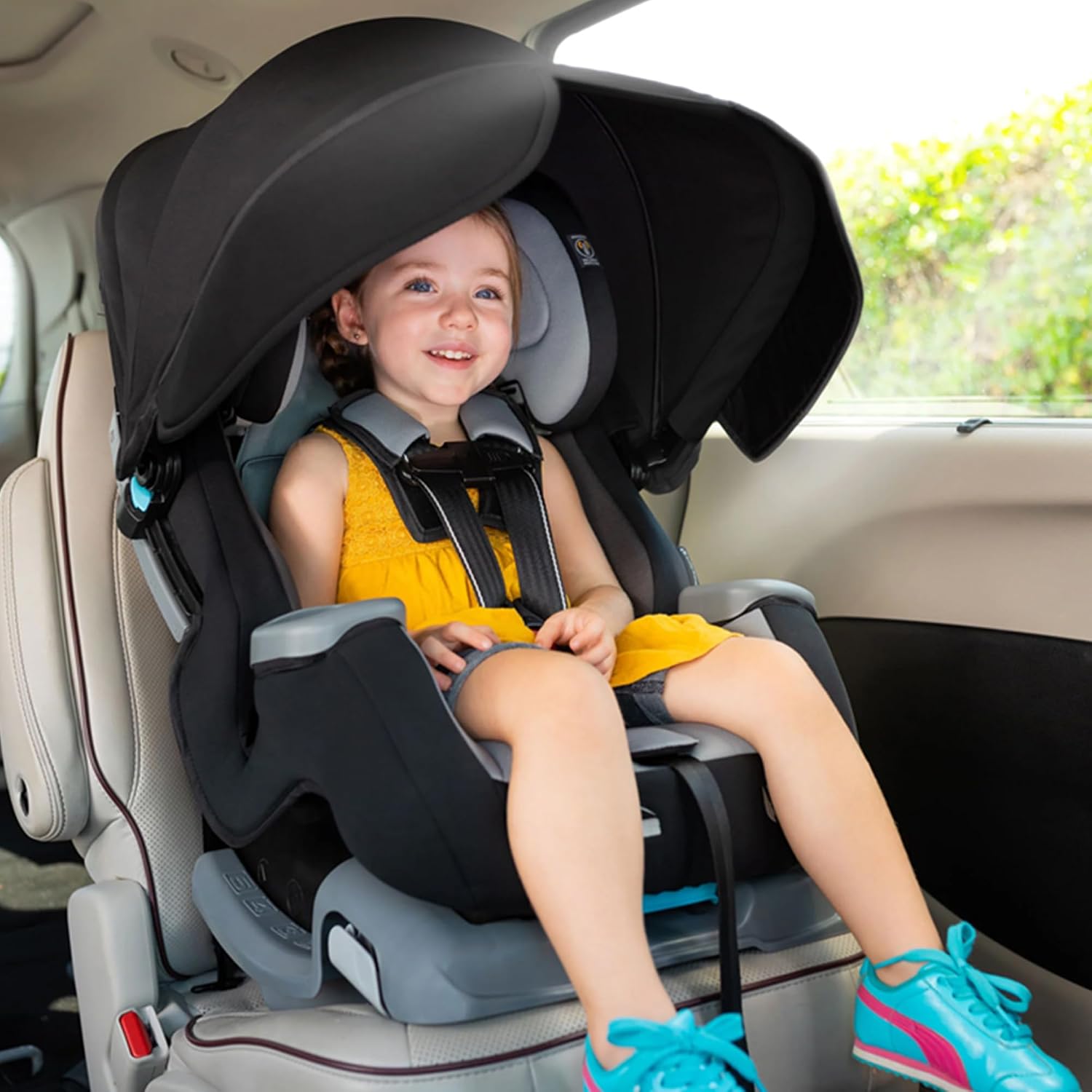 Baby Trend Cover Me 4-in-1 Infant Toddler Convertible Car Seat with Adjustable/Removable Canopy for Sun Protection & 2 Cup Holders, Black