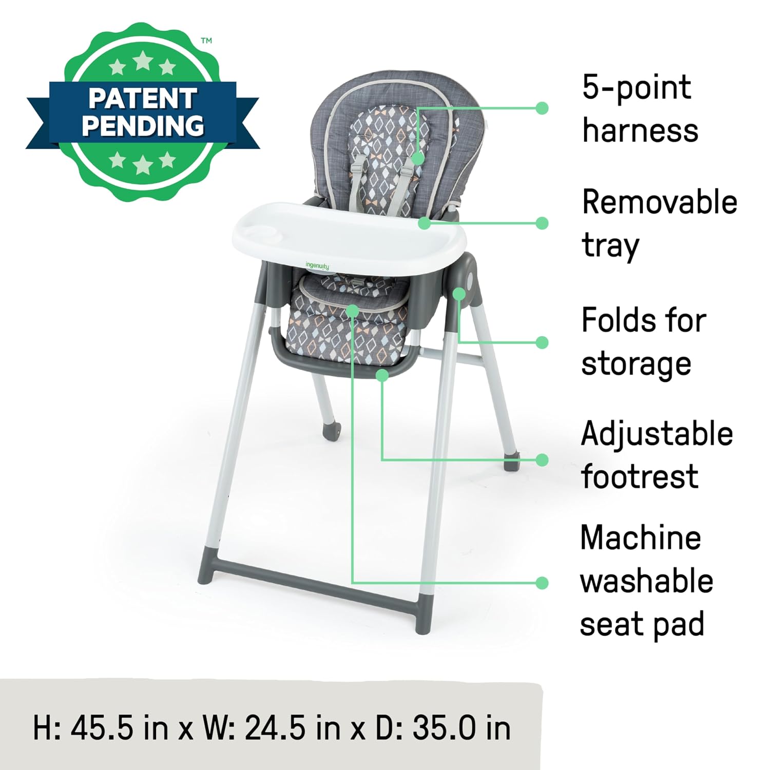 Ingenuity Proper Positioner Deluxe High Chair - 7-in-1 Convertible Baby Seat, Removable Rocking Infant Seat, Unisex, for Ages 0-36 Months