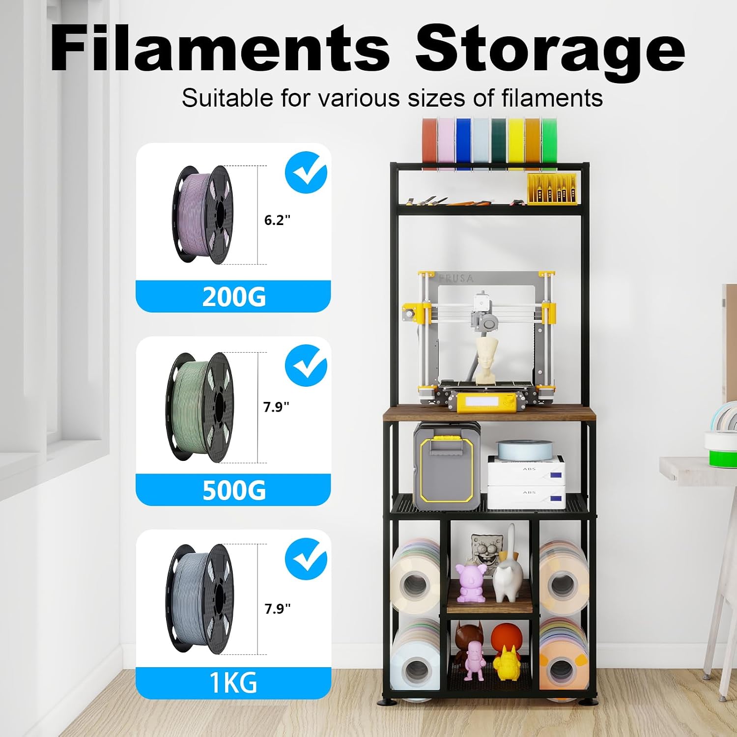 PUNCIA 3-Tier Heavy Duty 3D Printer Stand with Filament Storage Rack – Sturdy Organizer for PLA ABS PETG Spools, Compatible with FDM SLA Resin Printers, Durable Shelf for Home Studio Workshop Makers