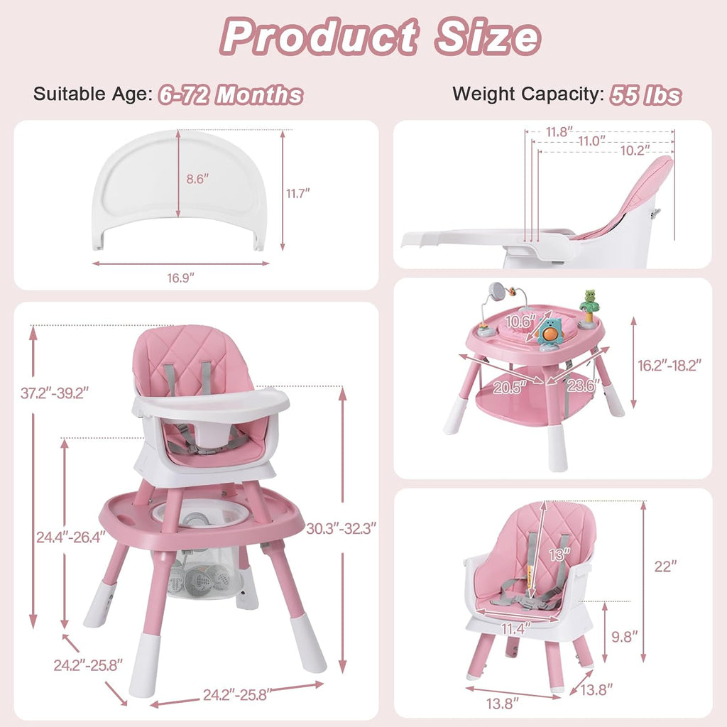 Babyliebe 15-in-1 Baby High Chair, Convertible Highchair for Babies and Toddlers with Activity Center, Booster Seat, Building Block Table, Toddler Chair with Safety Harness, Removable Tray (Pink)