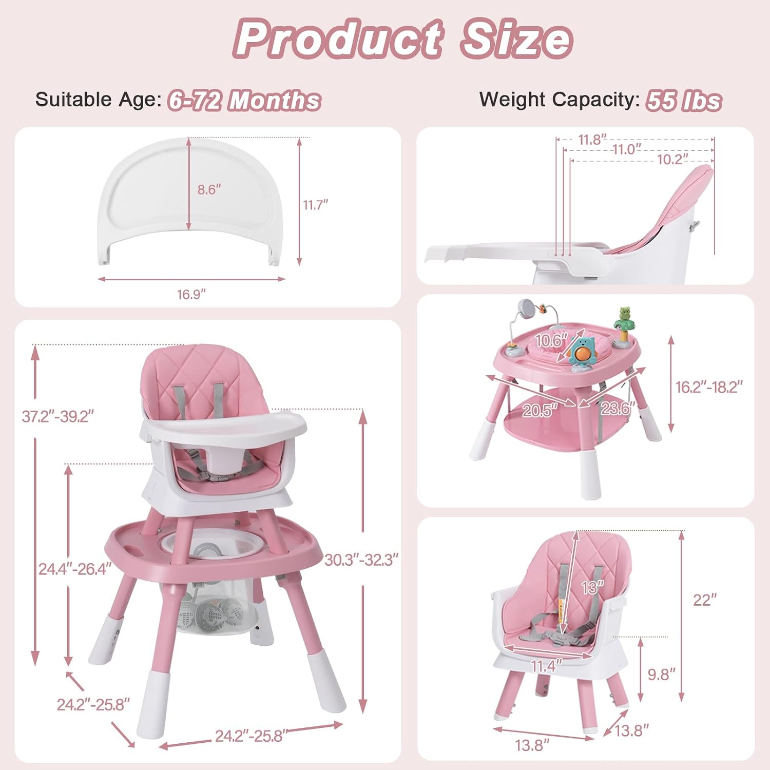 Babyliebe 15-in-1 Baby High Chair, Convertible Highchair for Babies and Toddlers with Activity Center, Booster Seat, Building Block Table, Toddler Chair with Safety Harness, Removable Tray (Pink)