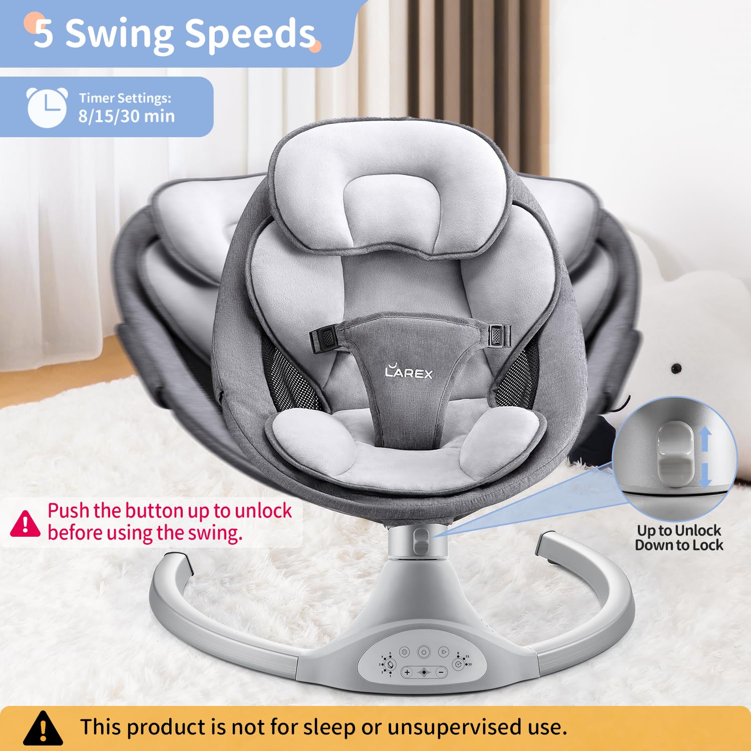 LAREX Baby Swing Infant Swing Electric Toddler Baby Rocker Portable for Newborn Boy Girl, 5 Sway Speeds with Remote Control, 10 Preset Melodies and Bluetooth, 0-6 Months Max 20 Lbs (Gray)