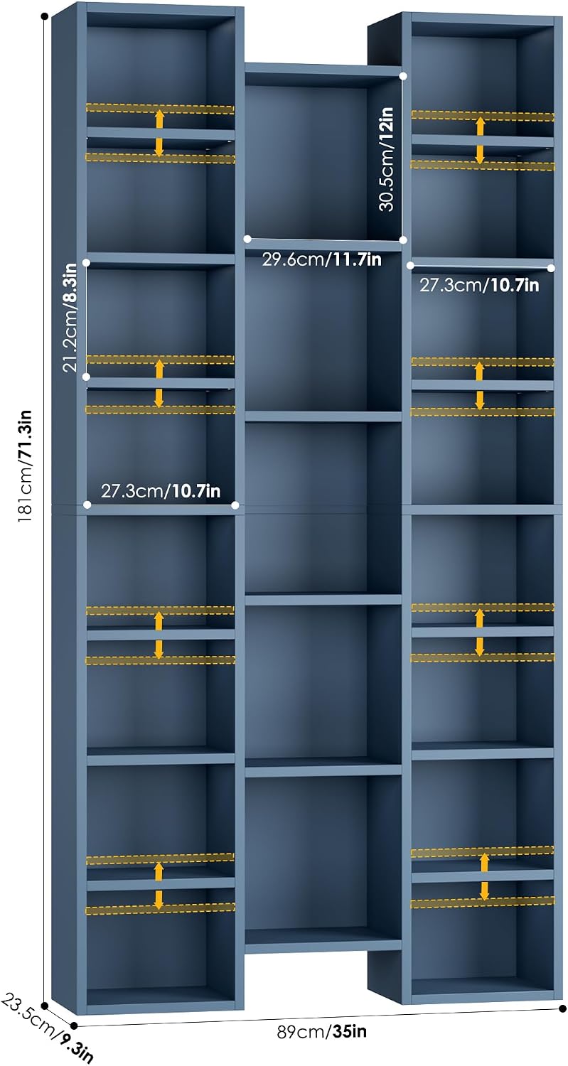 FOTOSOK 71'' Tall Bookshelf with 21 Cubes, 8 Tier Triple Wide Bookshelf with 8 Adjustable Shelves, 35' Large Bookcase DVD/CD Media Tower Storage, Freestanding Display Shelf Cabinet, Blue