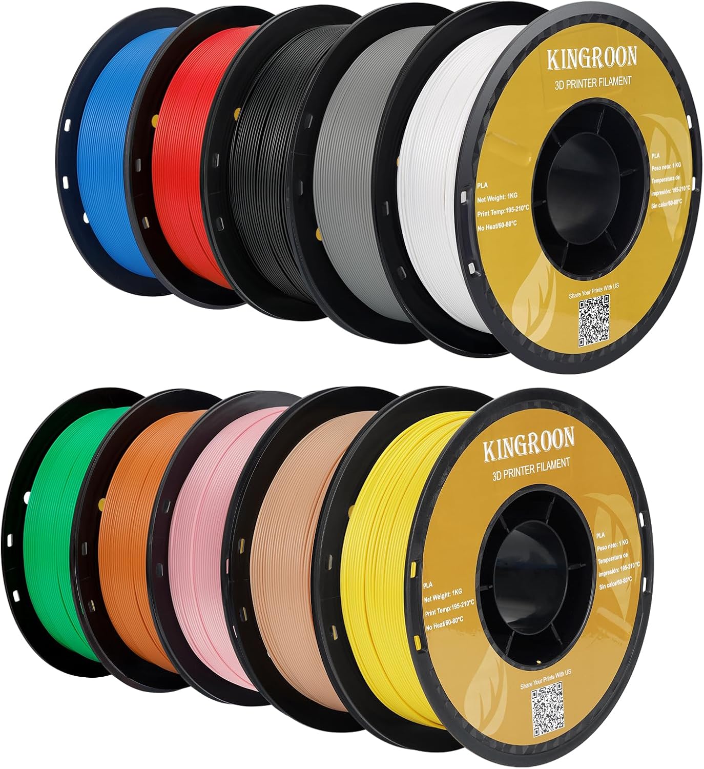 Kingroon PLA 3D Printer Filament, 10 Rolls, Dimensional Accuracy +/- 0.03 mm, 10kg Spool(22lbs), 1.75 mm，Black White Grey Red Green Yellow Skin Sky Blue Pink Brown