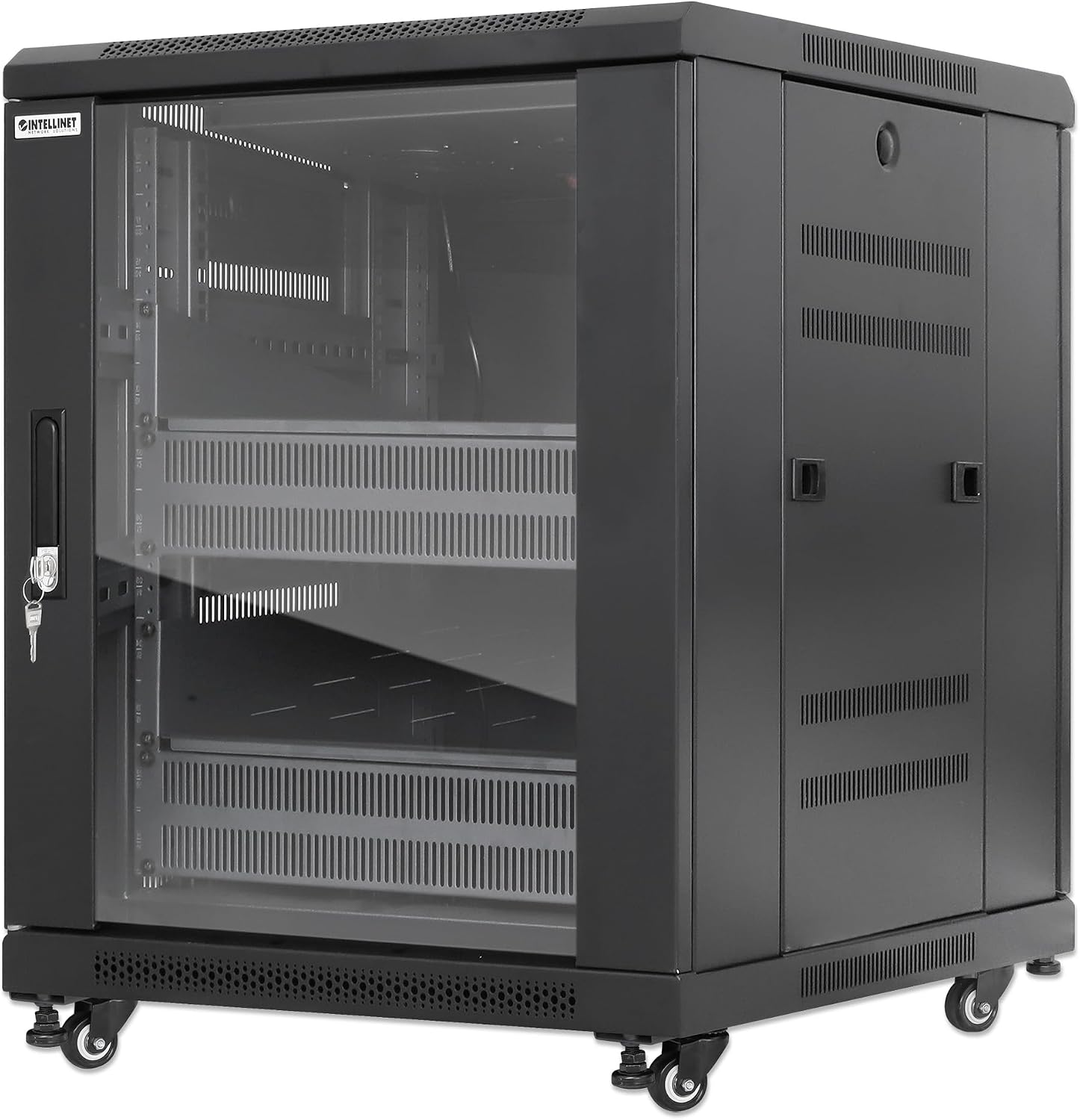 Intellinet 12U Network Server Rack Enclosure Cabinet with Integrated Fans – IP20 Rated, Reversible Tempered-Glass Front Door, Removable Side Panels – 3 Yr Mfg Warranty
