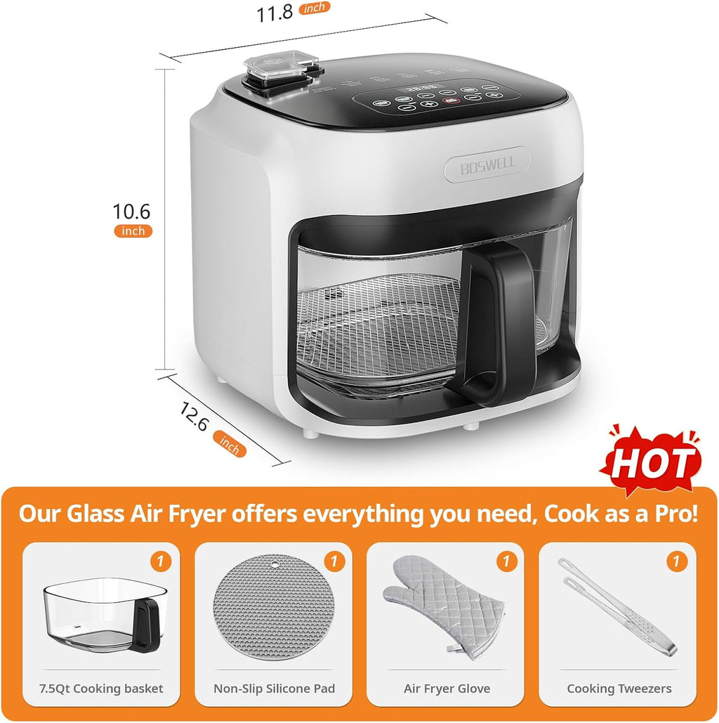 BOSWELL Glass Air Fryer, 7.5QT Borosilicate Bowl with Circulating Heat, Digital Touchscreen, 400°F Max Temp, Oil-Free Fryer with Mist Function, Dishwasher Safe (White)