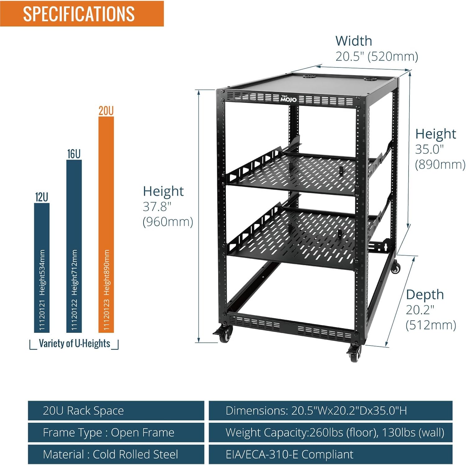 TECMOJO 20U Open Frame Network Rack for IT & AV Gear, 4-Post With Casters, Mobile With 2 PCS 1U Server Shelf & Mounting Hardware, for 19' Network, Audio and Video Device