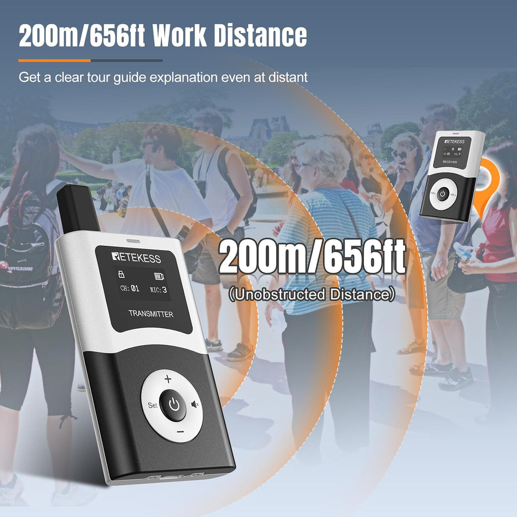 Retekess T130U(4nd Gen T130) Whisper Tour Guide System, Tour Guide Microphone and Speaker, Clear Sound Quality, One-Key Operation, Tour Guide Headsets for VIP Travel(1 Transmitter 2 Receivers)