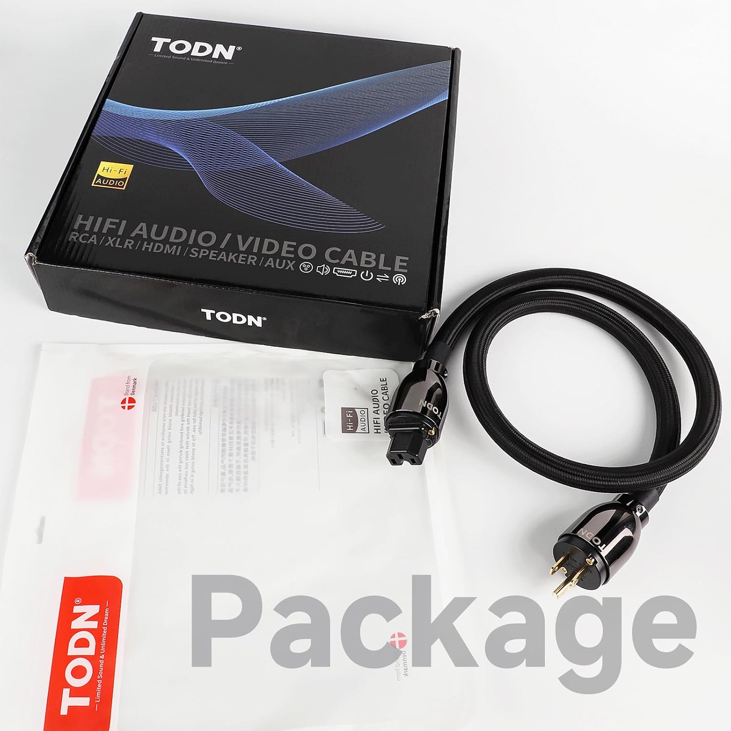 TODN Hi-end Power Cable for Audiophile, HiFi Audio Power Cord with O-C-C Cores, Pure Copper Shell, 24K Gold-Plated US Plug, Φ17.5mm, 10ft/3m