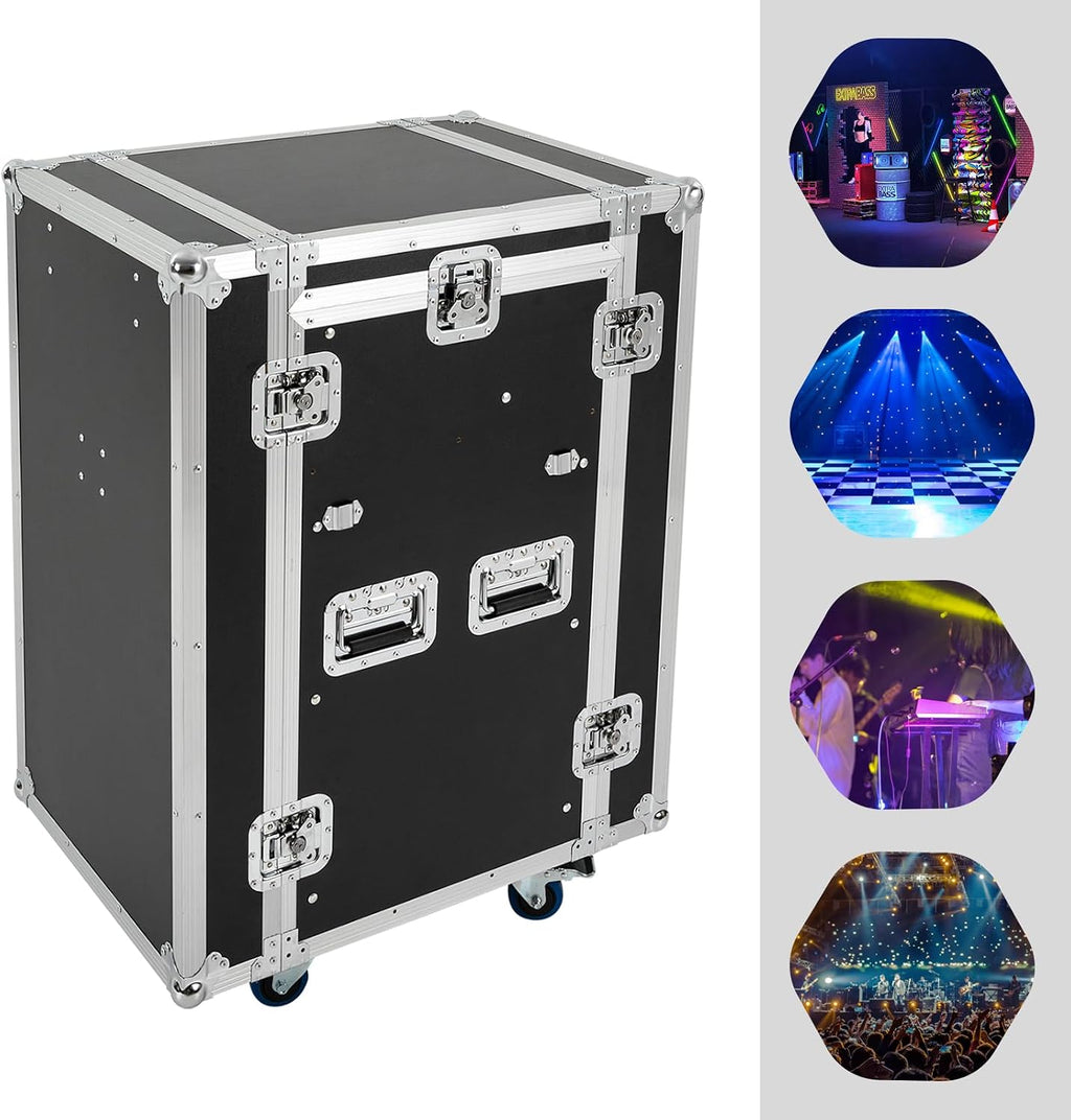14U Rack Case, PA DJ Audio Rack with 4 Wheels and 2 Large DJ Table Tops with Support Audio Mixer Case for Studio Home Theater KTV and Wedding Parties