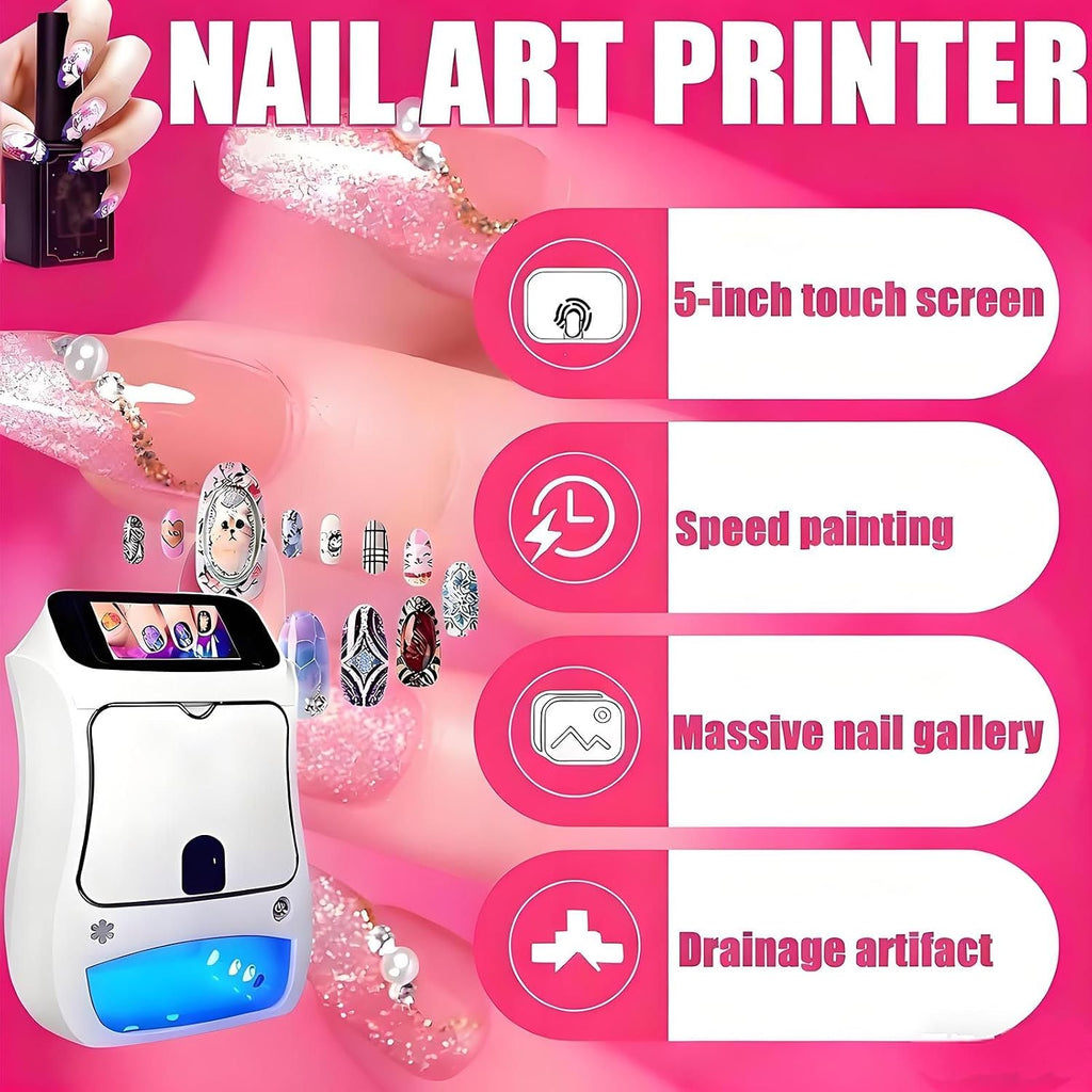 Nail Printer Nail Art Machine,Desktop Portable 3D Nail Painting Machine W/Uv Cure/5-In Touch Screen Display,Smart DIY Art Fingernail Printer Machine for Home Nail Salon Cute Girls Women