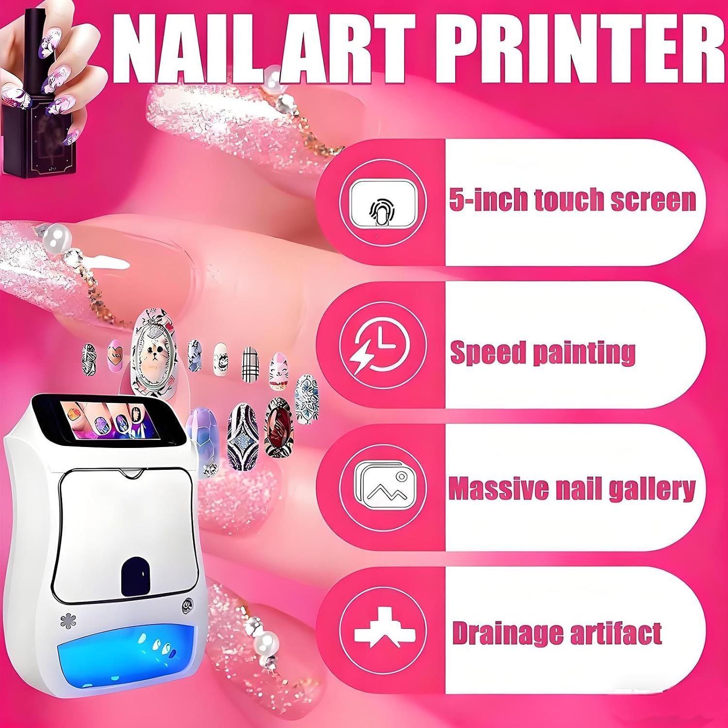 Nail Printer Nail Art Machine,Desktop Portable 3D Nail Painting Machine W/Uv Cure/5-In Touch Screen Display,Smart DIY Art Fingernail Printer Machine for Home Nail Salon Cute Girls Women