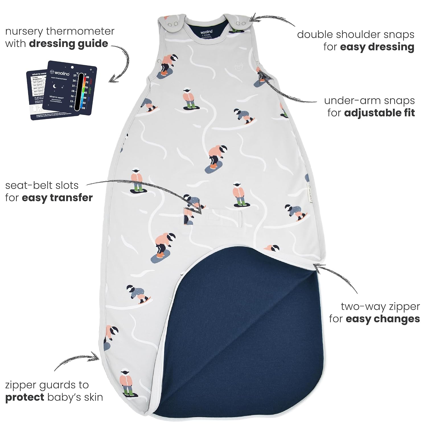Woolino 4 Season Ultimate Baby Sleep Sack – Merino Wool Baby Sleeping Bag, Organic Cotton Outer, Temperature Regulating Wearable Blanket, All Season, 2 Months–2 Years - Indigo