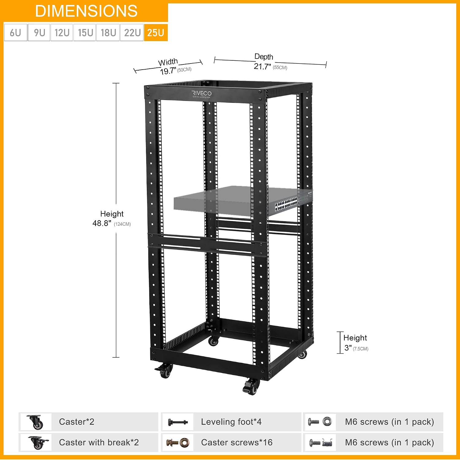 RIVECO 25U Open Frame Server Rack with Wheels- Heavy Duty 4 Post Quick Assembly 19-inch Support 600 LBS Equipment Thick Cold Rolled Steel Cabinet Black