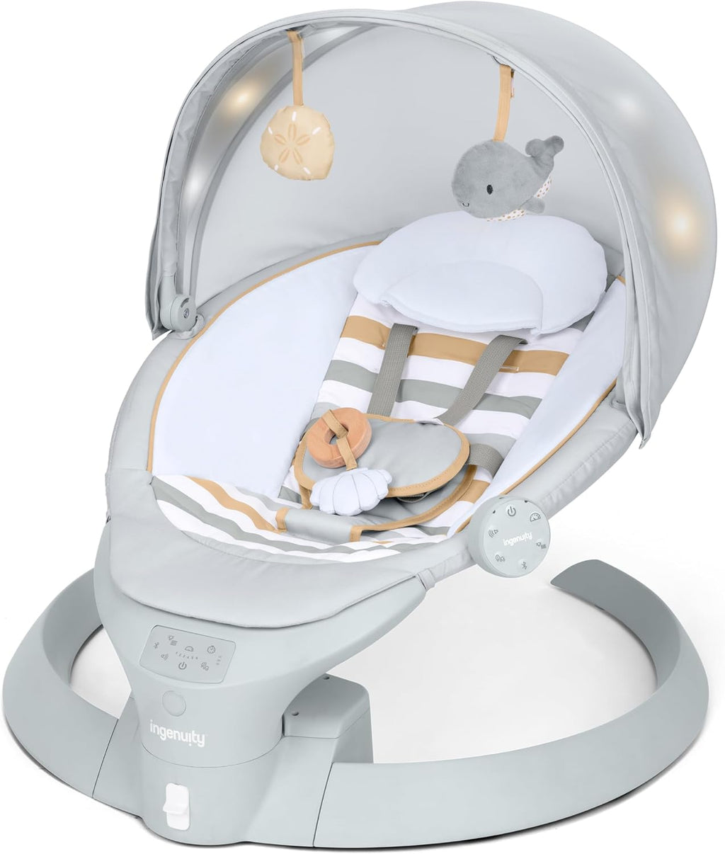 Ingenuity Inlighten Bounce & Sway Swing, Bluetooth Music, Canopy with Lights & Toys, Touch & Remote Controls, 3-in-1 Seat Modes, Machine Washable Pad, Ages 0+ Pebble Shore