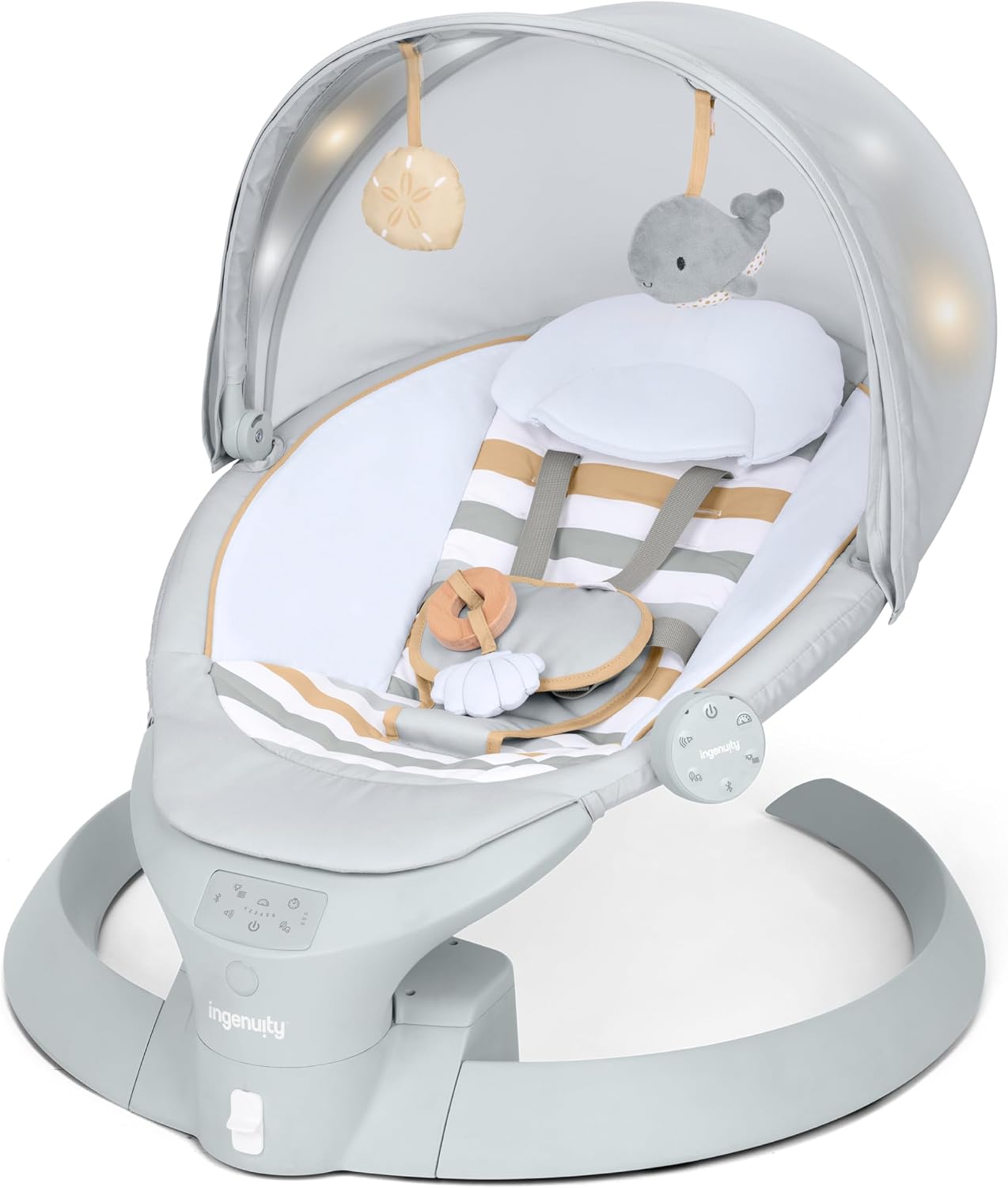 Ingenuity Inlighten Bounce & Sway Swing, Bluetooth Music, Canopy with Lights & Toys, Touch & Remote Controls, 3-in-1 Seat Modes, Machine Washable Pad, Ages 0+ Pebble Shore