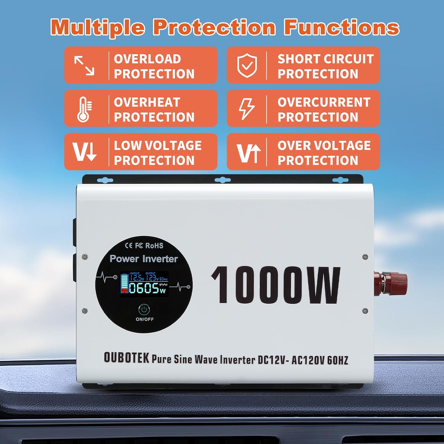 1000 Watts Power Inverter Peak Power 2000W Pure Sine Wave 12V DC to 120V AC RV Converter with Wireless Remote Control LCD Display 4 AC Outlets Dual USB Port Type C Off Grid Solar Inverter