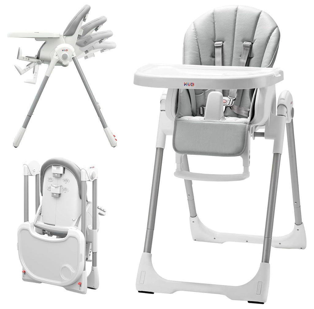KÜB 3-in-1 Foldable Baby High Chair | Multifunctional Infant High Chairs for Babies and Toddlers | Removable Seat & Tray for Easy Clean | 7 Height & 4 Recline Adjustable | 2 Locking Wheels(Grey)