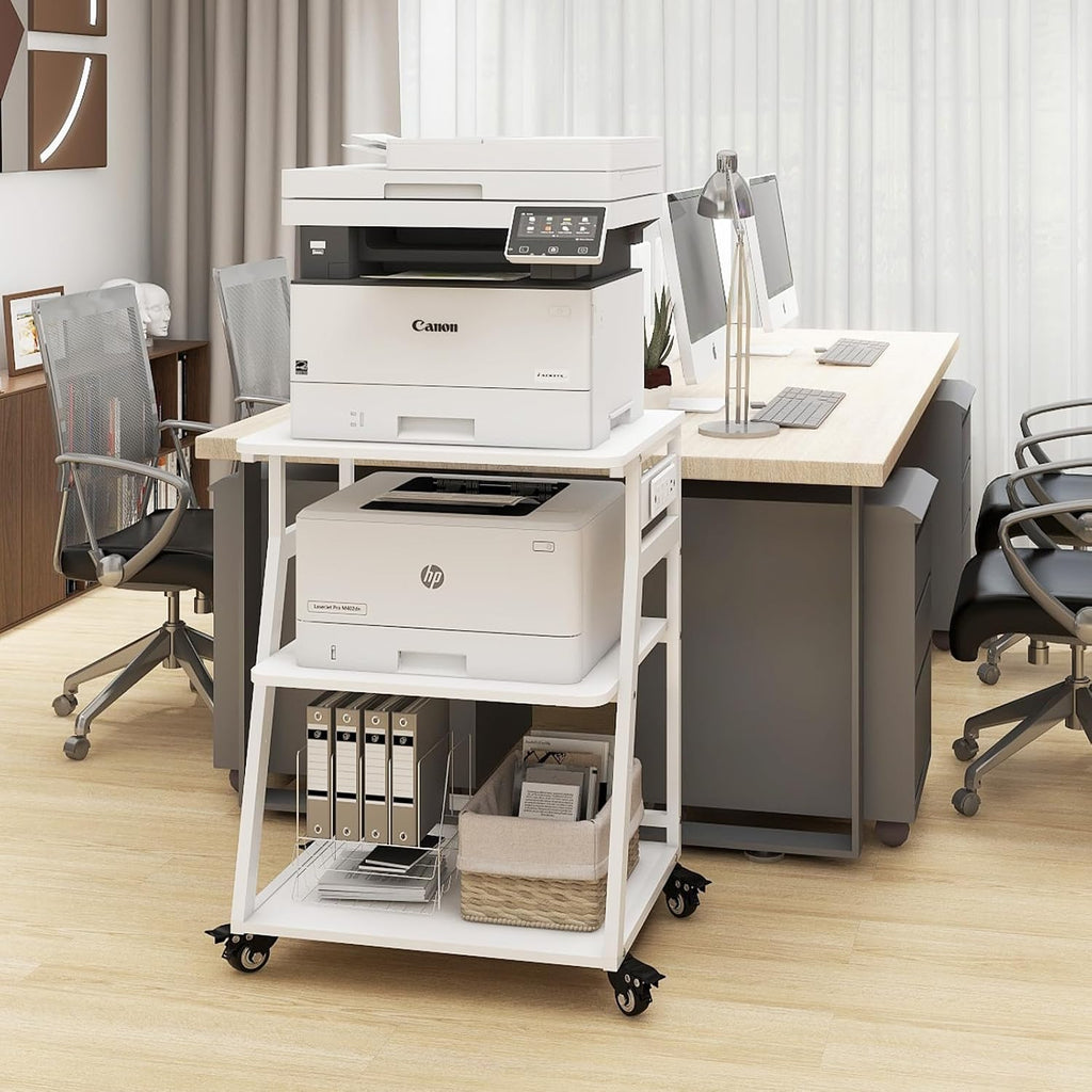 Natwind 23.6'x19.7' Large Printer Stand,3 Tier Printer Table with Charging Station, Rolling Cart with Adjustable Storage Shelf for Home Office Organization, Stand for Heat Press,3D Printer (White)