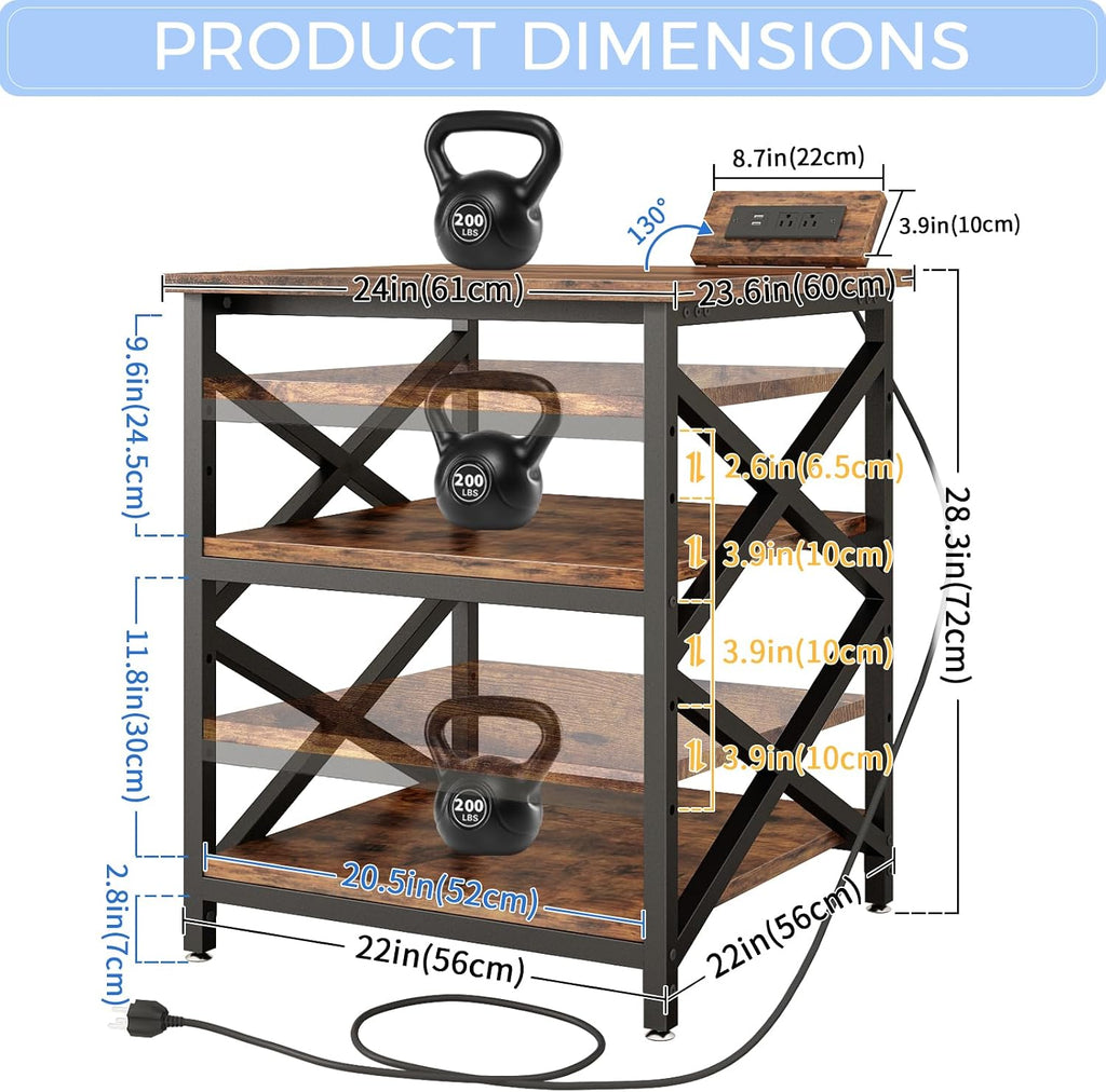 METYERRY Large Printer Stand with Power Outlet, with Height Adjustable Storage Shelf, 3 Tier Rolling Printer Cart with Industrial Wheels, 23.6 x 23.6 Inches Printer Table for Home Office, Rustic Brown