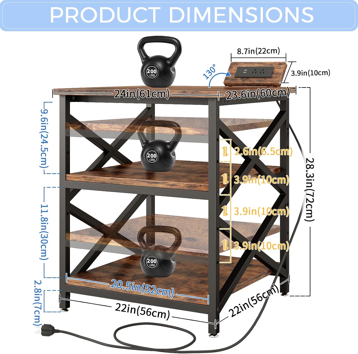 METYERRY Large Printer Stand with Power Outlet, with Height Adjustable Storage Shelf, 3 Tier Rolling Printer Cart with Industrial Wheels, 23.6 x 23.6 Inches Printer Table for Home Office, Rustic Brown