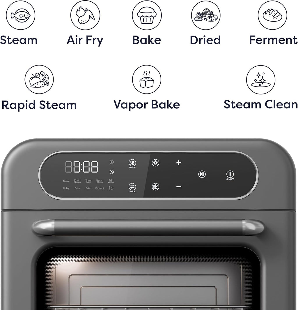 CIARRA 8-in-1 Steam Oven Countertop with Air Fryer, 13QT Mini Convection Toaster Oven with Steam, Rapid Steam, Air Fry, Vapor Bake, Steam Clean, Bake, Dried, Ferment, Grey