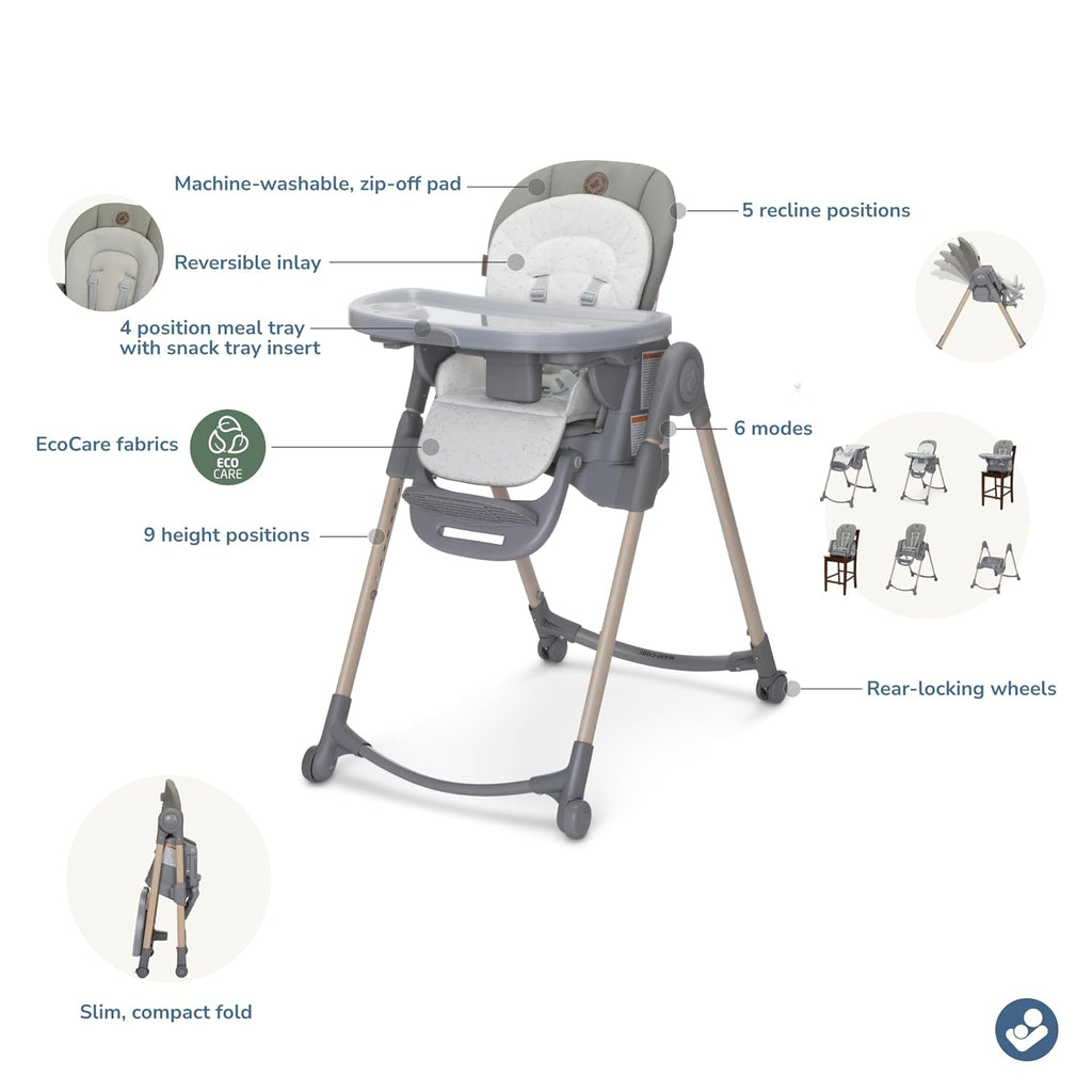 Maxi-Cosi Minla 6-in-1 High Chair for Babies & Toddlers, Portable Foldable Highchair, EcoCare Fabric, 9 Heights, 5 Reclines, 4 Tray Positions, Classic Green