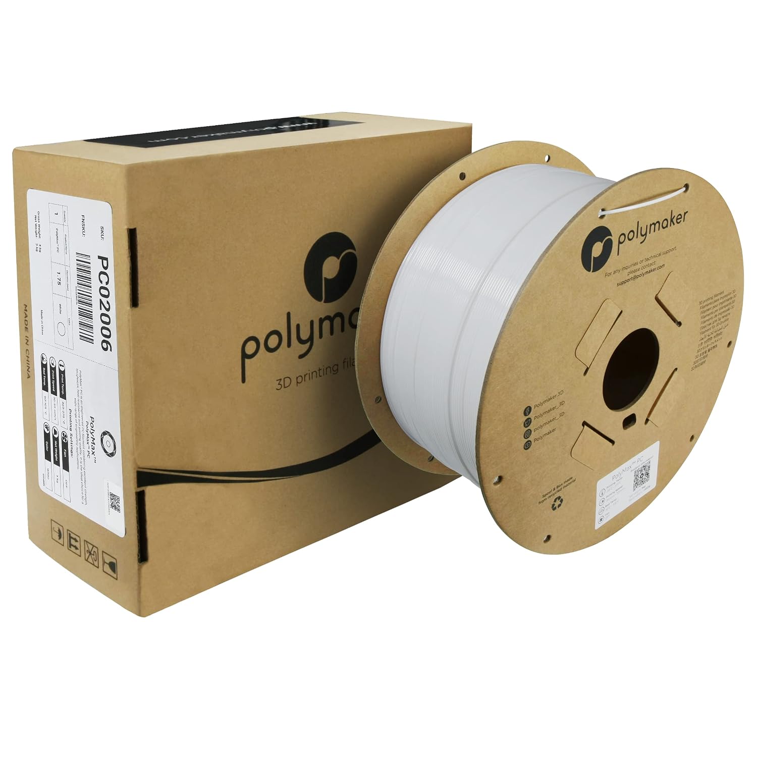 Polymaker Polymax Tough PC Filament 1.75mm, White Polycarbonate Filament 1.75mm 3kg Cardboard Spool - 3D Printer Polycarbonate PC Filament, Tough & High Heat Resistant White