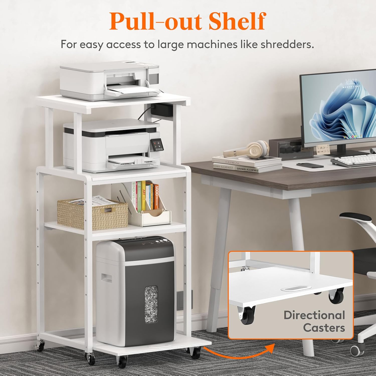 Lifewit 4 Tier Printer Stand with 3 Power Outlets, Wheels and Adjustable Storage Shelf for Home Office, Rolling Printer Cart for Shredder, Scanner, Fax, Hold 340lbs, White