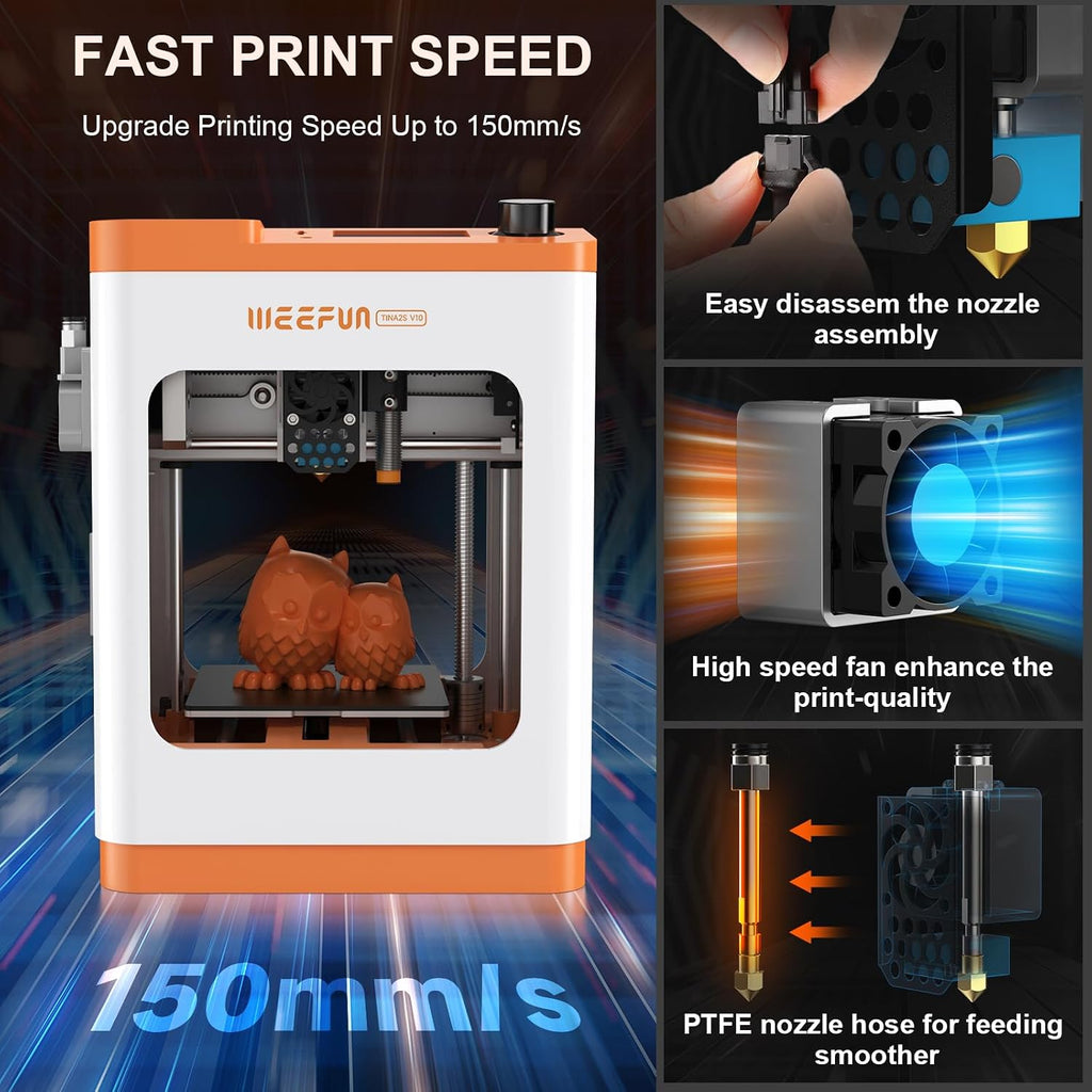 Upgraded Tina2S 3D Printer, HEPHI3D 3D Printers WiFi Cloud Printing Auto Bed Leveling, Fully Assembled Mini 3D Printers for Beginners, Silent Print, Fully Open Source DIY 3D Printer for Home, School