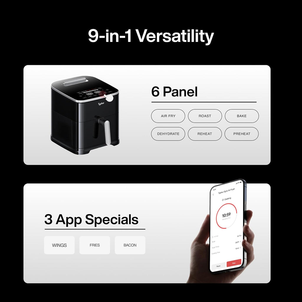 Typhur Sync 8QT AI Smart Air Fryer with Built-in Wireless Meat Thermometer, 9-in-1 XL Non Toxic Ceramic Airfryer, 450°F Max, Cooks 6lb Whole Chicken, Quiet & Dishwasher Safe, 120V
