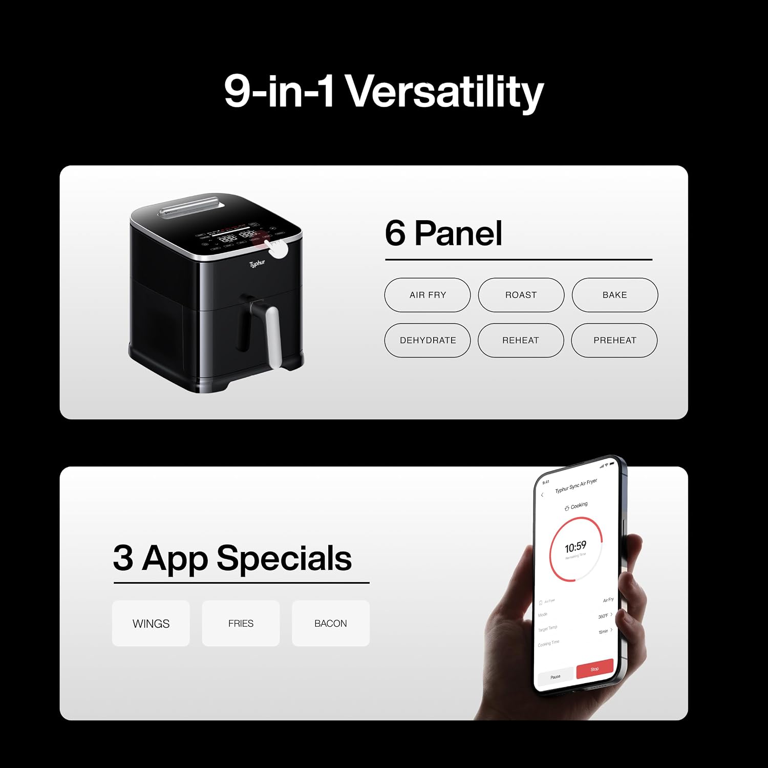 Typhur Sync 8QT AI Smart Air Fryer with Built-in Wireless Meat Thermometer, 9-in-1 XL Non Toxic Ceramic Airfryer, 450°F Max, Cooks 6lb Whole Chicken, Quiet & Dishwasher Safe, 120V
