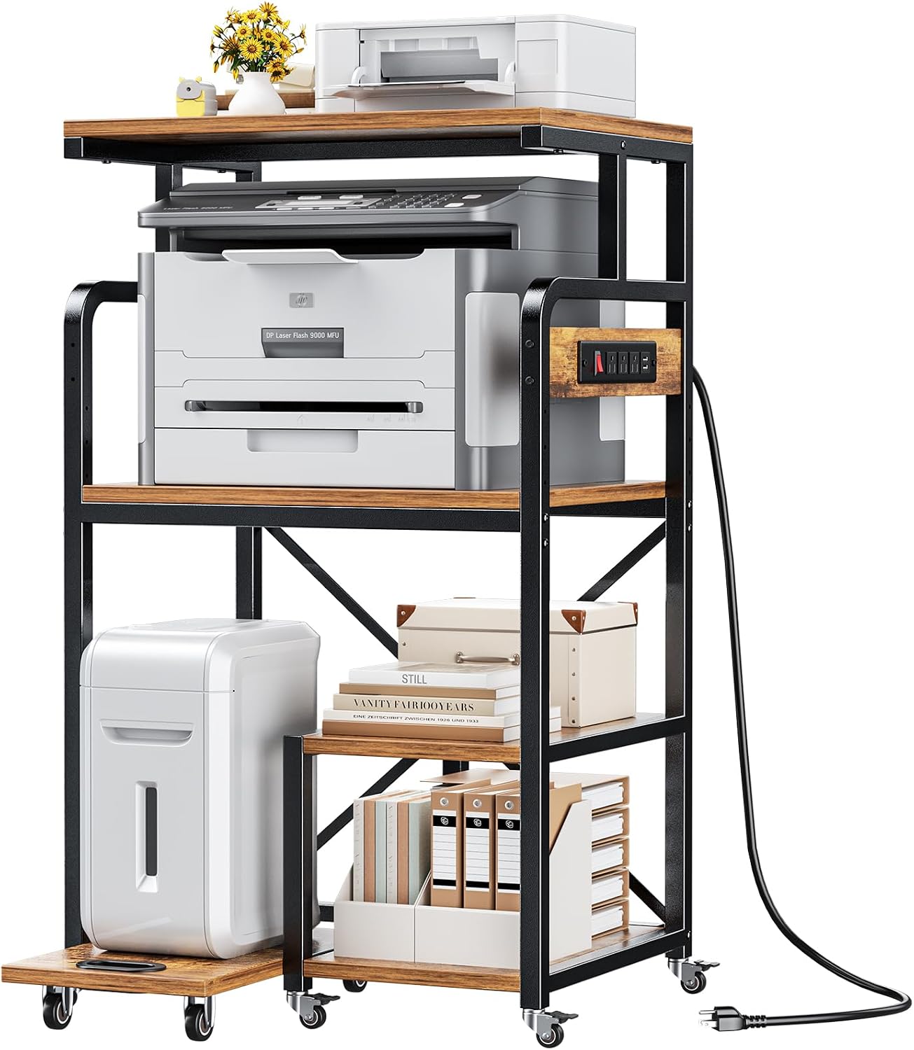 POKIPO Large 4 Tier Printer Stand, 26.7 x 21.2 x 50.2 Inches Tall Printer Cart with Power Outlets 4-Adjustable Heavy Duty Rolling Shelf for Home Office Kitchen Stand for Paper Shredder Mini Fridge