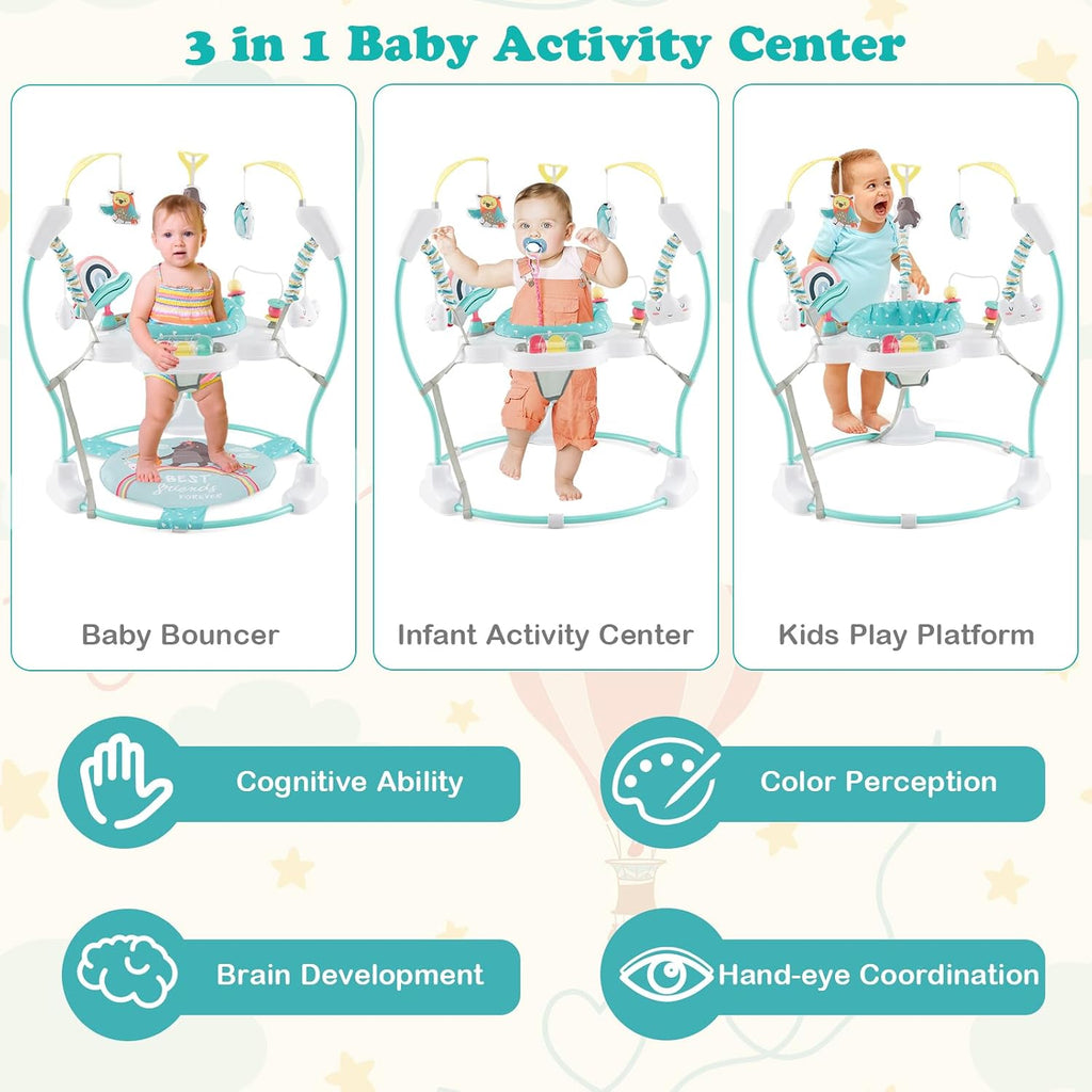 HONEY JOY Baby Bouncer Activity Center, Infant Jumper and Table w/ 360° Rotary Seat, 3 Adjustable Heights, Mat, Music, Lights, Sounds & Developmental Toys, Activity Center for Babies 6+ Months, Blue