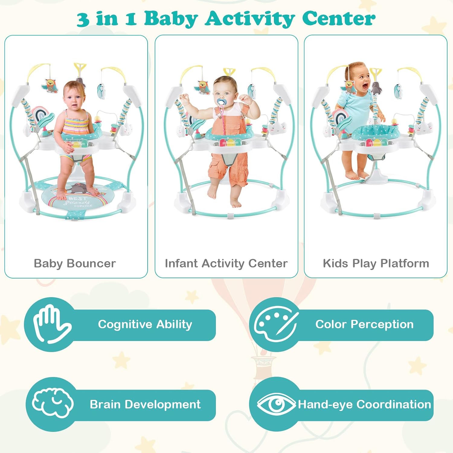 HONEY JOY Baby Bouncer Activity Center, Infant Jumper and Table w/ 360° Rotary Seat, 3 Adjustable Heights, Mat, Music, Lights, Sounds & Developmental Toys, Activity Center for Babies 6+ Months, Blue