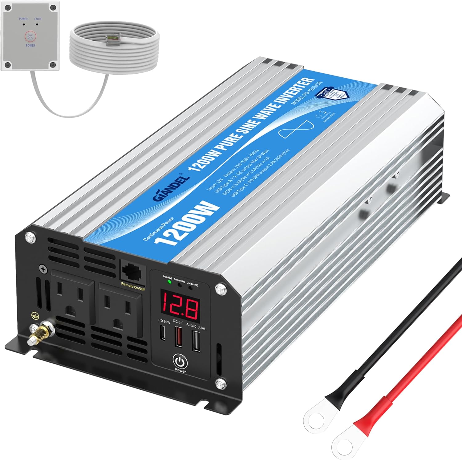 Power Inverter Pure Sine Wave 1200 Watt 12V Dc to 120V Lithium Battery Compatible with UL Fuses and USB-C PD30W and QC 3.0 FastCharger and Wired Remote for RVs Car Solar System Emergency