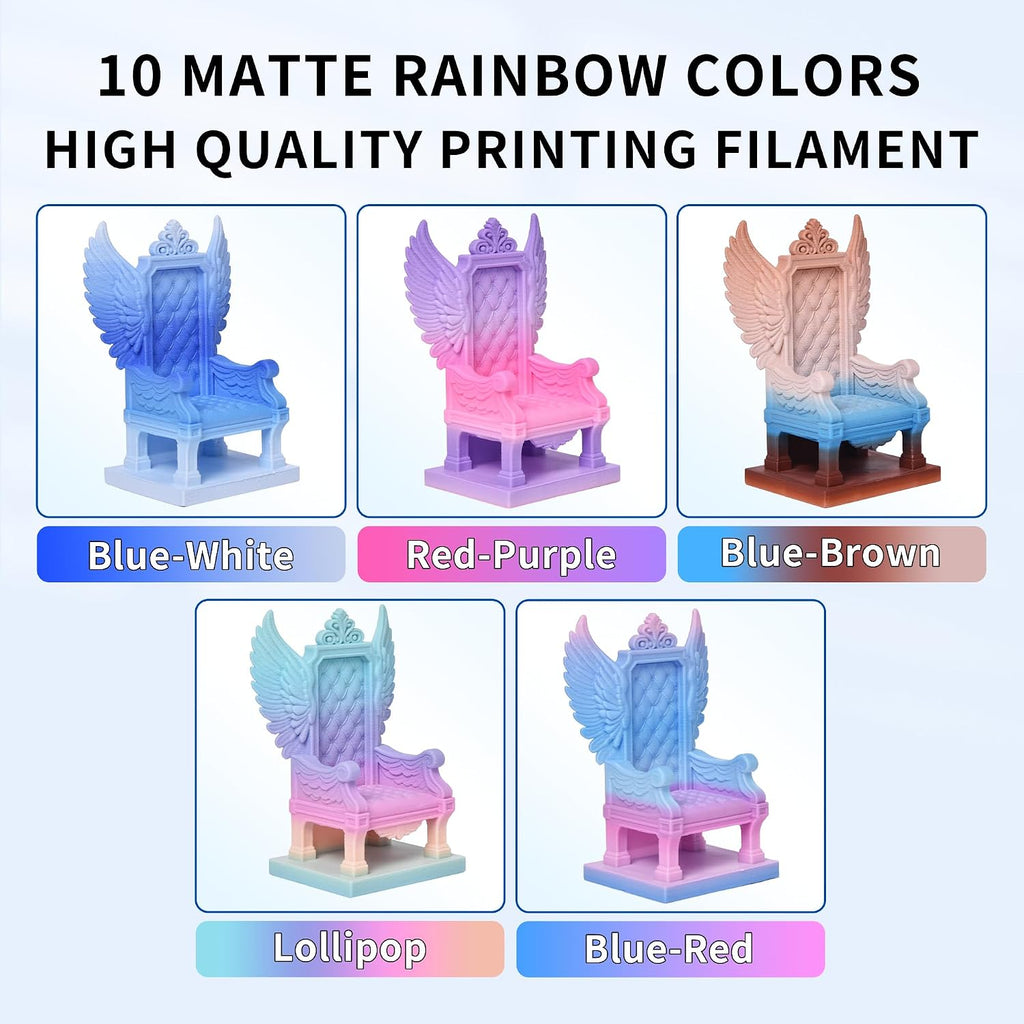 RAMBERY Matte Rainbow PLA 3D Printer Filament Bundle, 10 Colors Total 10kg, 1.75mm Multicolor Gradient 3D Printing Filament for Most FDM 3D Printers, 1KG Spool (2.2lbs) x 10 PCS