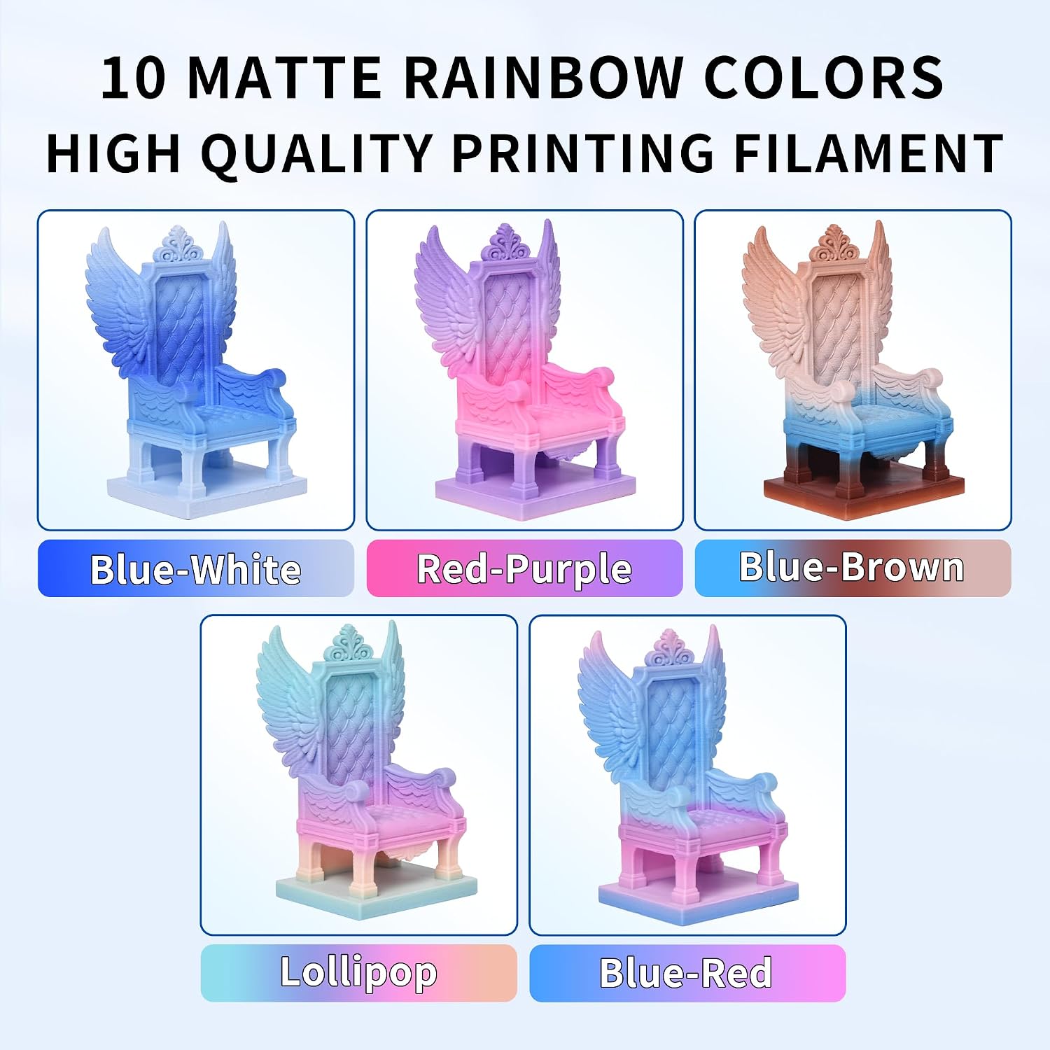RAMBERY Matte Rainbow PLA 3D Printer Filament Bundle, 10 Colors Total 10kg, 1.75mm Multicolor Gradient 3D Printing Filament for Most FDM 3D Printers, 1KG Spool (2.2lbs) x 10 PCS