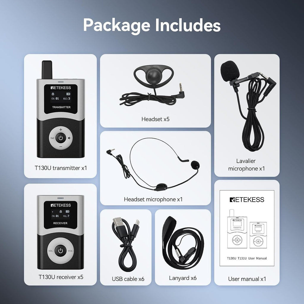 Retekess T130U (4th Generation T130) Wireless Tour Guide System, 200 m, 40H, HiFi U-Band Digital Sound Quality, Tour Guide Headset for Church, School (1 Transmitter and 5 receivers)