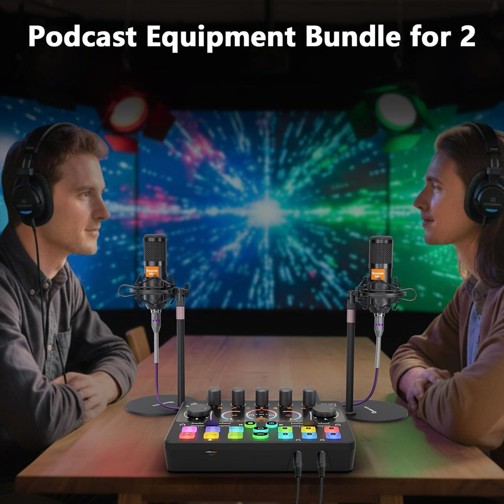 Podcast Equipment Bundle for 2, Audio Mixer with 8GB Memory Card and Dynamic Mics,RGB,Built-in Recorder, Customize Button, Stereo for Vocal Recording Podcasting,Streaming Camera, PC, Phone.(RS2i2)