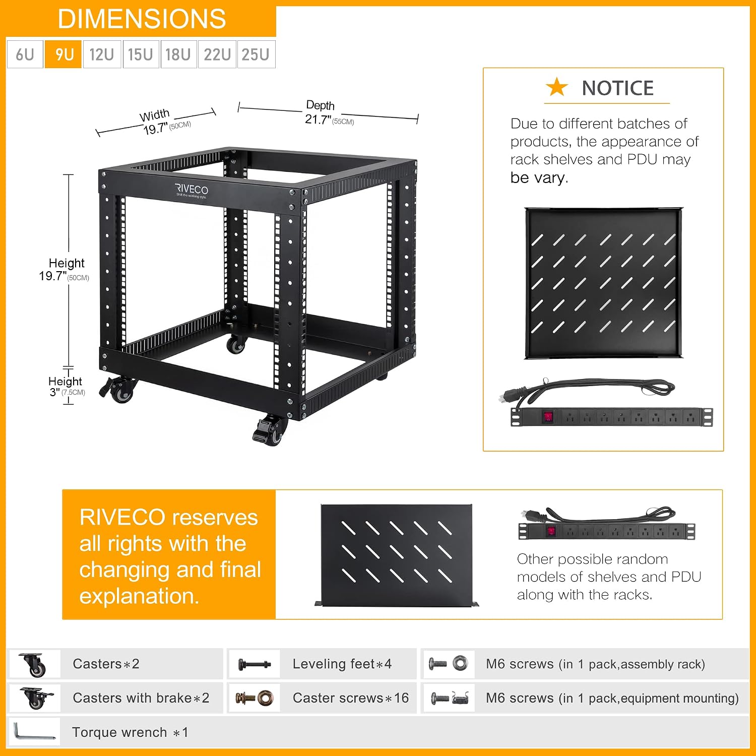 RIVECO 9U Open Frame Server Rack with Wheels + PDU (8 Outlets) Power Strip Surge Protector (1u Rack Shelf 1pcs +PDU)