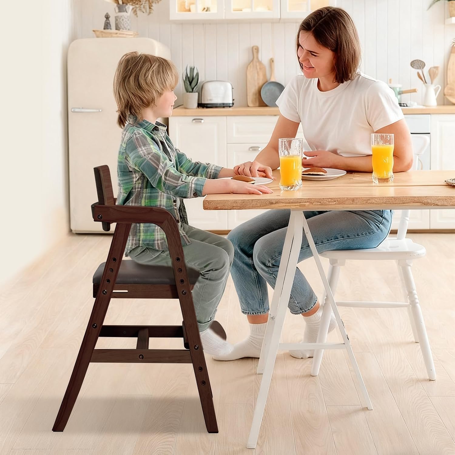 Wooden High Chair for Toddlers & Baby, Adjustable Dining Feeding Chair Grows with Kid, Ergonomic High Chair for Babies, Wipe Clean Skin-Friendly Cushion, for Home & Restaurant - Walnut