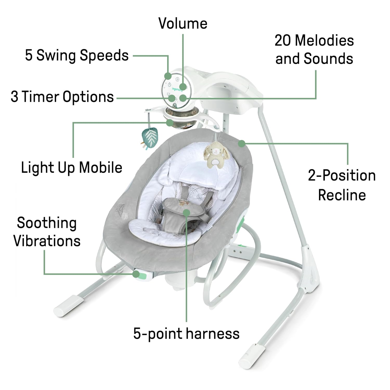 Ingenuity InLighten 2-in-1 Soothing Baby Swing & Rocker - Vibrating Swivel Infant Seat, Soothing Sounds, Lights - Remy